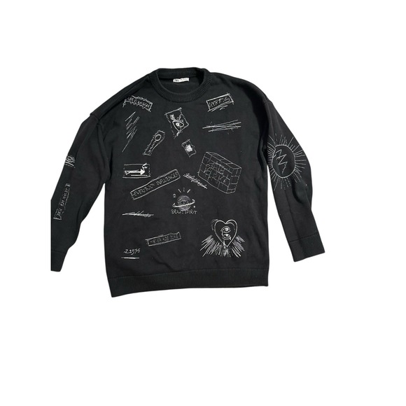 Zara Womens Sweater L Crew‎ Neck Black Graffiti Streetwear 6771/401 - Picture 1 of 3